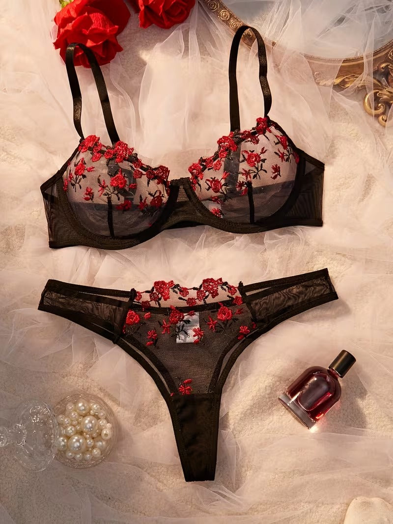 Flourish Sexy Elegant Flower Lace Lingerie Set – Soft Mesh Floral Embroidered Bra & Panty 9987