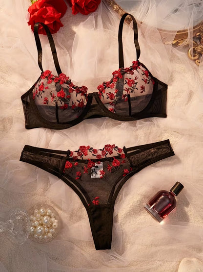 Flourish Sexy Elegant Flower Lace Lingerie Set – Soft Mesh Floral Embroidered Bra & Panty 9987