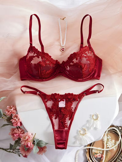 Flourish Sexy Elegant Flower Lace Lingerie Set Women's Halloween Costume  Sexy Maroon Floral Embroidered Lingerie Set, Semi-Sheer Underwire Bra and Adjustable Thong 6066