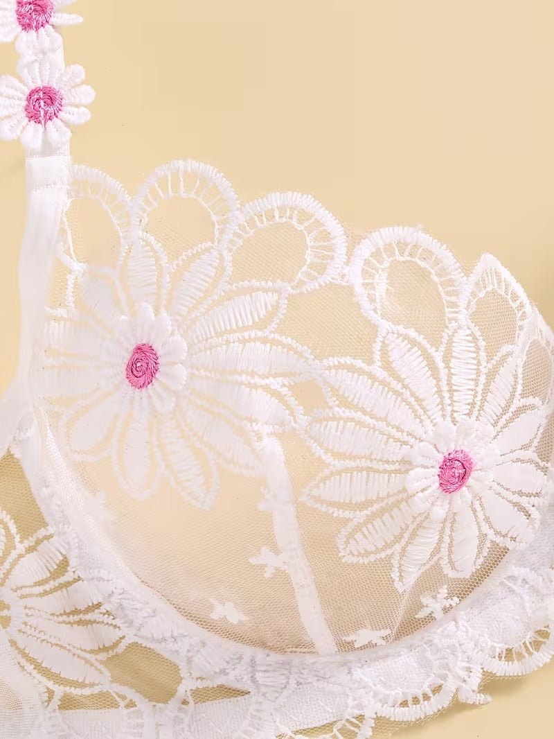 Flourish Sexy Elegant White Lace Lingerie Set – Soft Mesh Floral Embroidered Bra & Panty