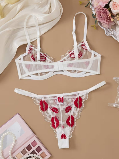 Flourish Sexy Red Kiss Lace Lingerie Set – Sheer Mesh Non-Padded Wired Bra & Panty B117