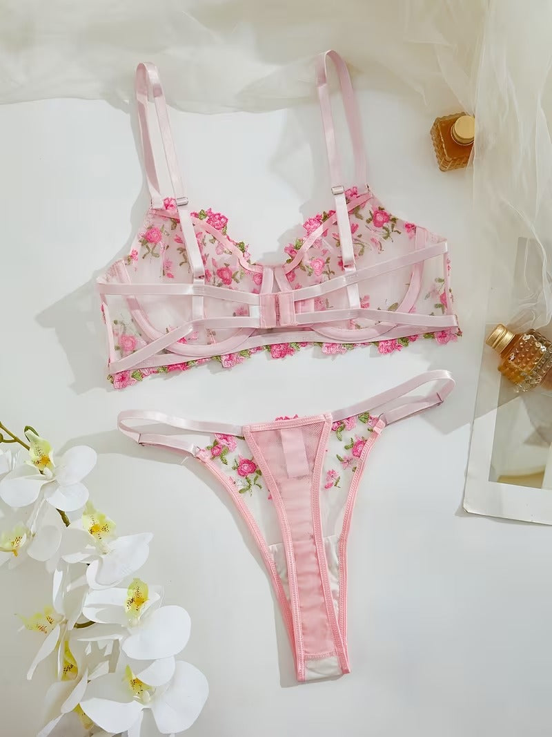 Flourish Non-Padded Floral Wired Bra & Panty Set – Blossom Charm Pink Embroidered Sheer Lingerie 9987
