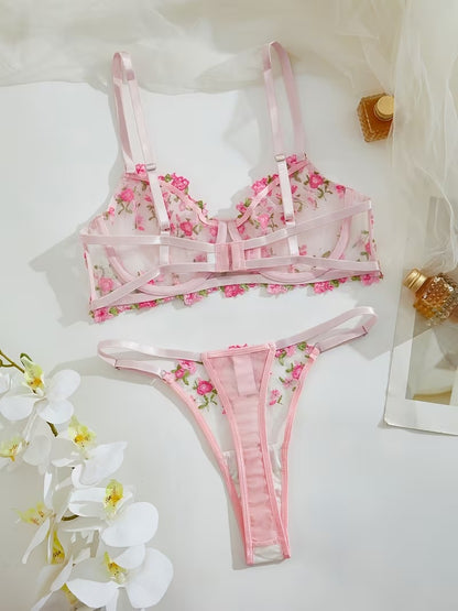 Flourish Non-Padded Floral Wired Bra & Panty Set – Blossom Charm Pink Embroidered Sheer Lingerie 9987
