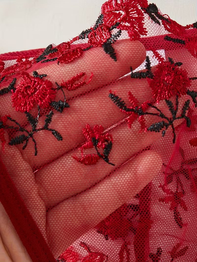 Flourish Beautiful Floral Embroidery Deep Red Lingerie Set, Vertical Bust Bra And Mesh G-String, Sexy Back Bra And Panty Set B023
