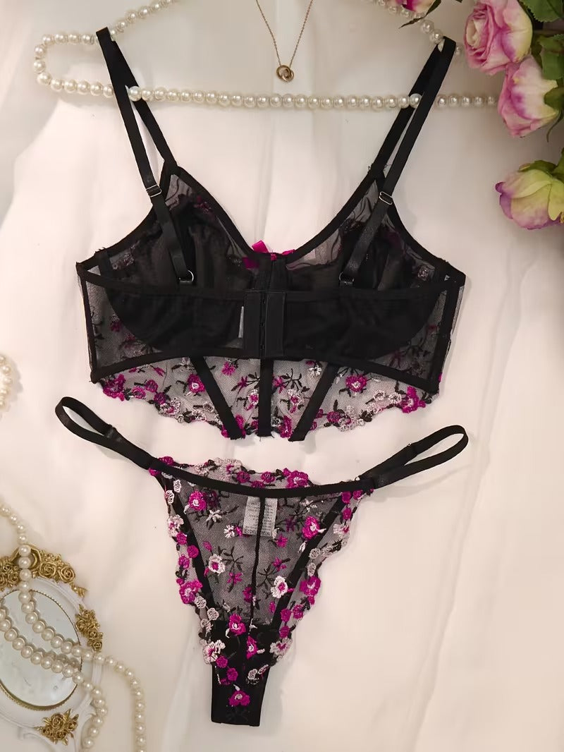 Flourish Midnight Bloom Luxury Non-Padded Wired Floral Embroidered Lace Lingerie Set – Sheer Mesh, New Romantic Design with Matching Thong