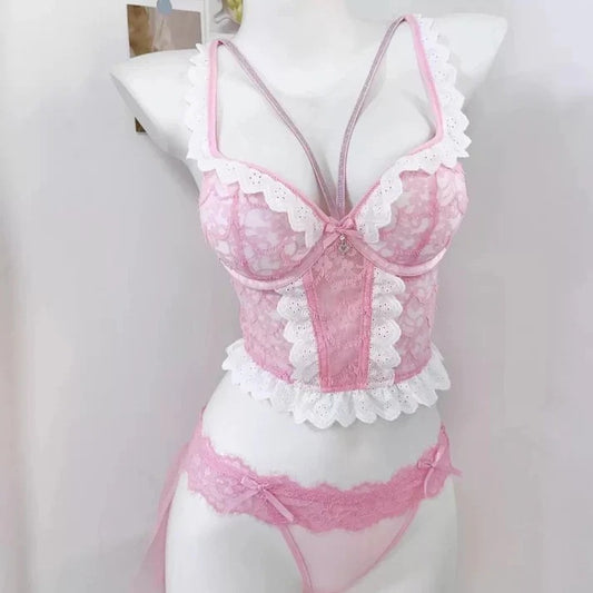 Flourish Pink Lace Corset Bra Set – Elegant Wired Bustier with Matching Lace Skirt & Panty