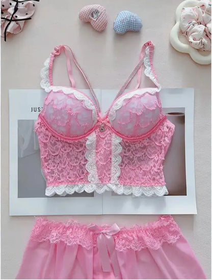 Flourish Pink Lace Corset Bra Set – Elegant Wired Bustier with Matching Lace Skirt & Panty