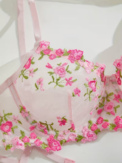 Flourish Non-Padded Floral Wired Bra & Panty Set – Blossom Charm Pink Embroidered Sheer Lingerie 9987