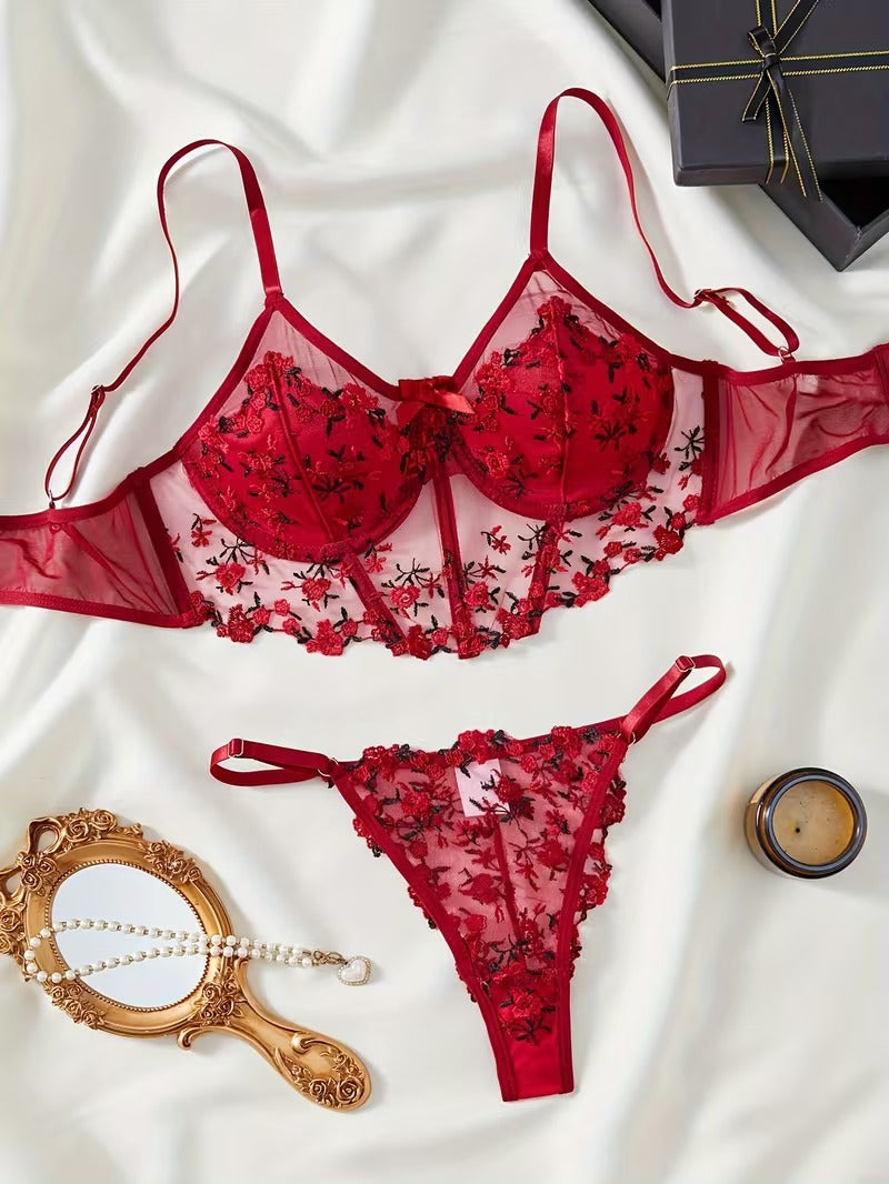Flourish Beautiful Floral Embroidery Deep Red Lingerie Set, Vertical Bust Bra And Mesh G-String, Sexy Back Bra And Panty Set B023