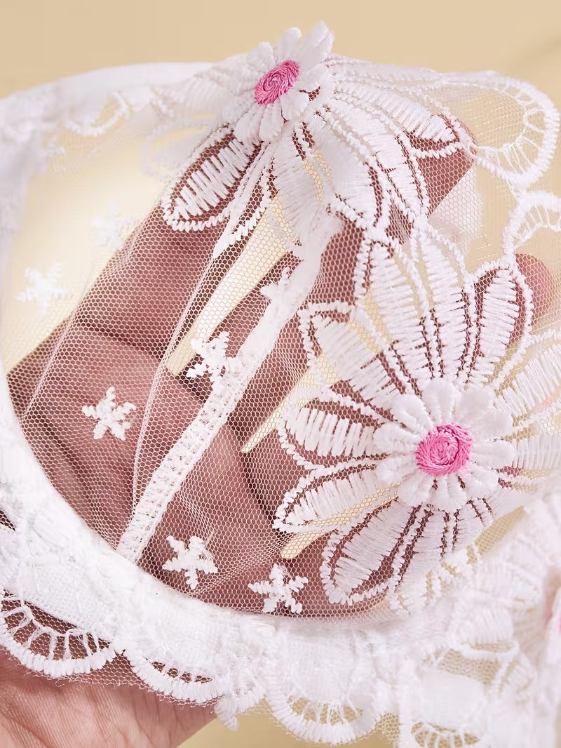 Flourish Sexy Elegant White Lace Lingerie Set – Soft Mesh Floral Embroidered Bra & Panty