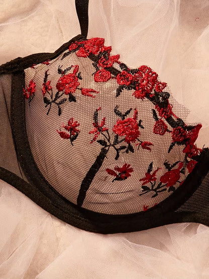 Flourish Sexy Elegant Flower Lace Lingerie Set – Soft Mesh Floral Embroidered Bra & Panty 9987