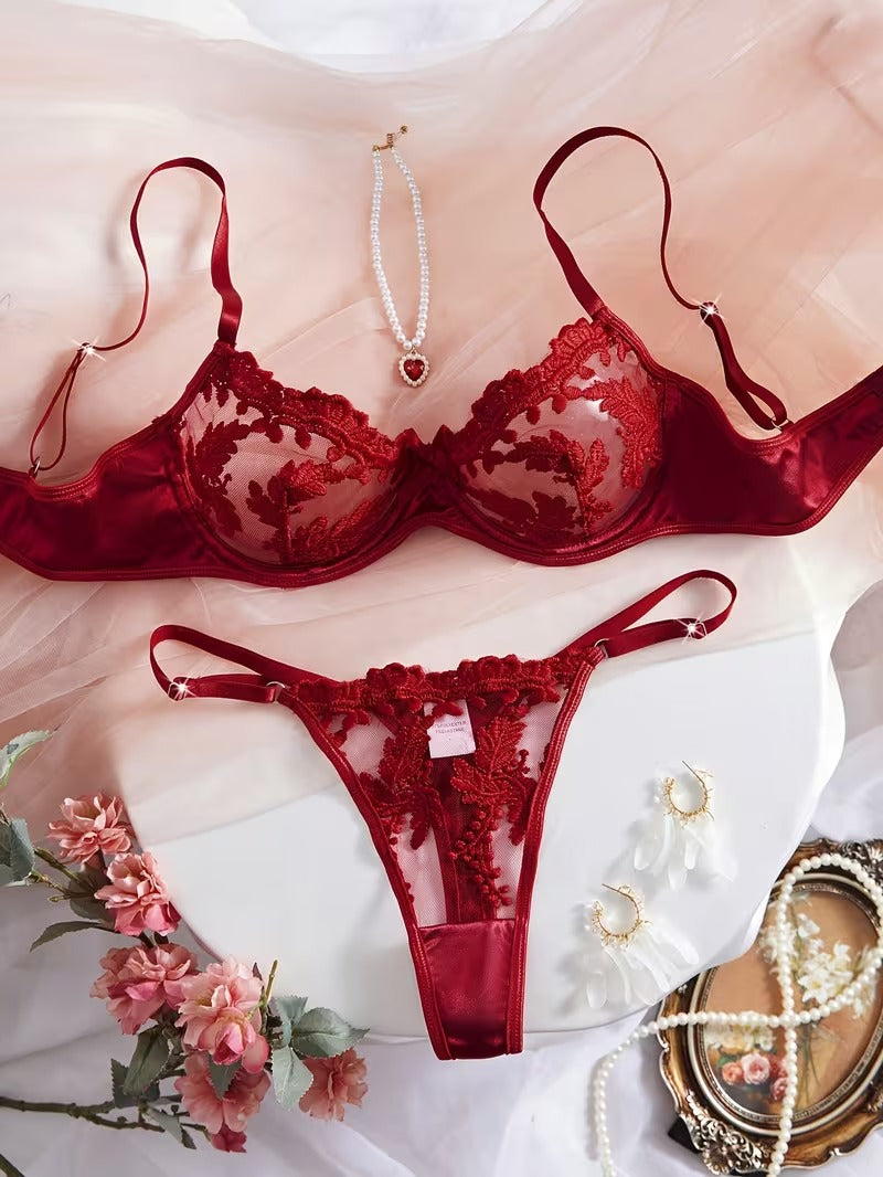 Flourish Sexy Elegant Flower Lace Lingerie Set Women's Halloween Costume  Sexy Maroon Floral Embroidered Lingerie Set, Semi-Sheer Underwire Bra and Adjustable Thong 6066