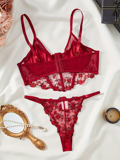 Flourish Beautiful Floral Embroidery Deep Red Lingerie Set, Vertical Bust Bra And Mesh G-String, Sexy Back Bra And Panty Set B023