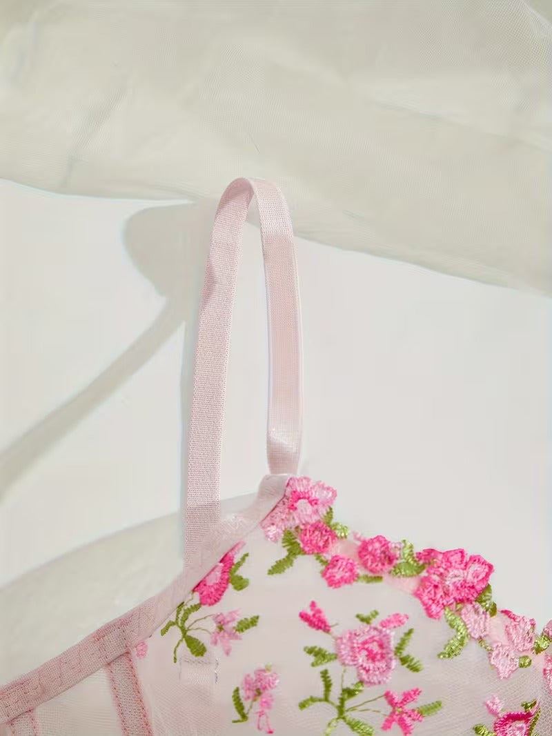 Flourish Non-Padded Floral Wired Bra & Panty Set – Blossom Charm Pink Embroidered Sheer Lingerie 9987