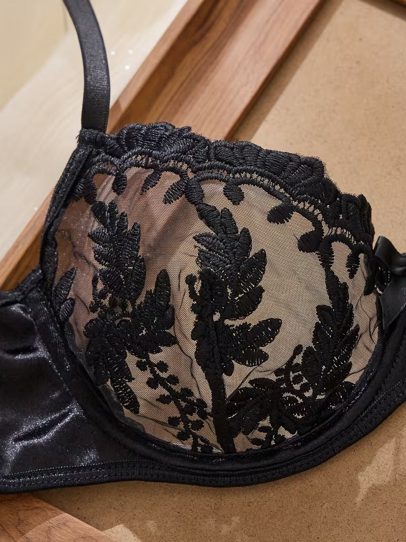 Flourish Sexy Elegant Flower Lace Lingerie Set Women's Halloween Costume  Sexy Black Floral Embroidered Lingerie Set, Semi-Sheer Underwire Bra and Adjustable Thong 6066