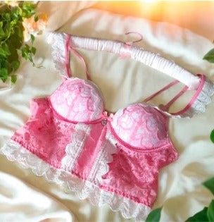 Flourish Pink Lace Corset Bra Set – Elegant Wired Bustier with Matching Lace Skirt & Panty