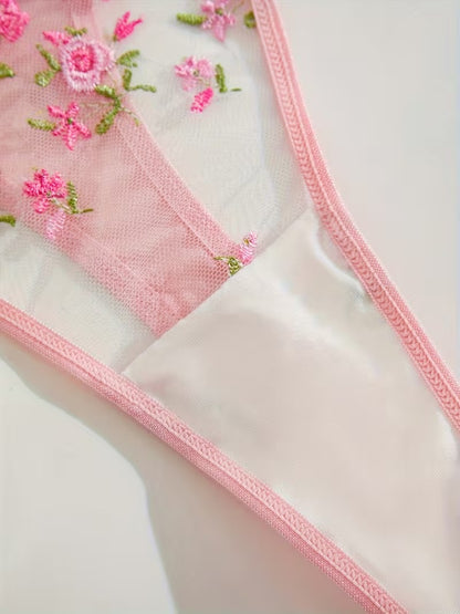 Flourish Non-Padded Floral Wired Bra & Panty Set – Blossom Charm Pink Embroidered Sheer Lingerie 9987