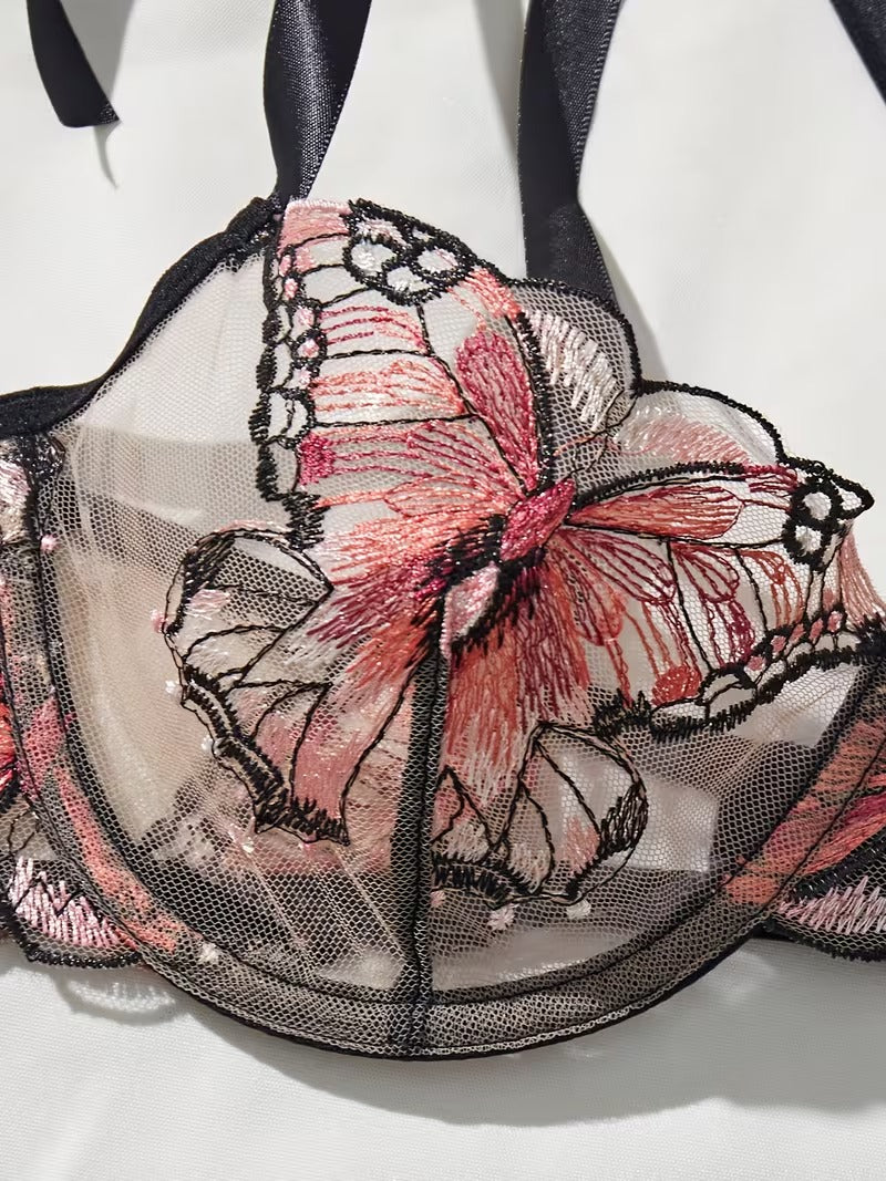 Flourish New Lace-Trimmed, Embroidered Butterfly Pattern, Single-Layer Ultra-Thin Bra And Underwear Set
