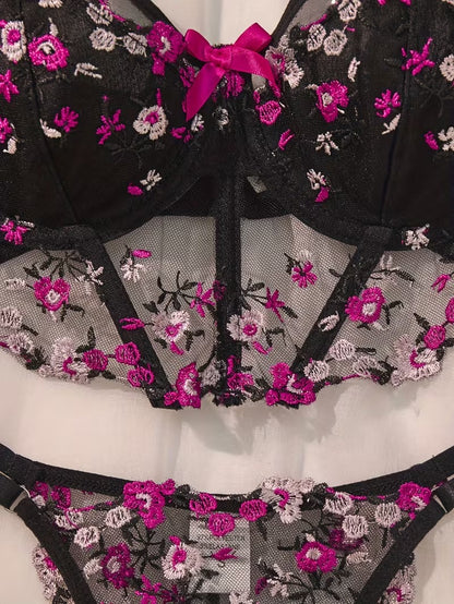 Flourish Midnight Bloom Luxury Non-Padded Wired Floral Embroidered Lace Lingerie Set – Sheer Mesh, New Romantic Design with Matching Thong