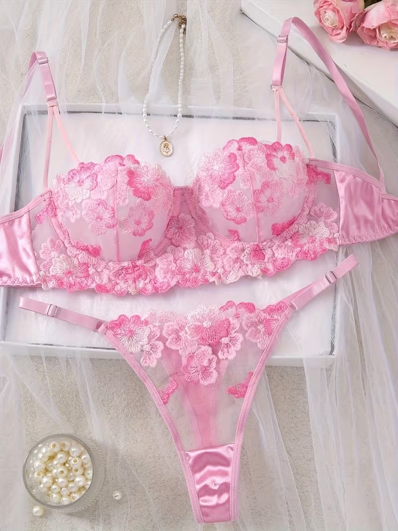 Flourish Sexy Premium Non-Padded Wired Floral Embroidered Bra & Thong Set – Luxury Pink Mesh Lingerie 50121
