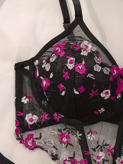 Flourish Midnight Bloom Luxury Non-Padded Wired Floral Embroidered Lace Lingerie Set – Sheer Mesh, New Romantic Design with Matching Thong