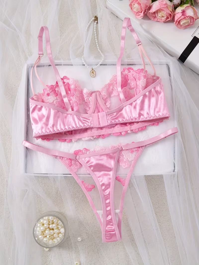 Flourish Sexy Premium Non-Padded Wired Floral Embroidered Bra & Thong Set – Luxury Pink Mesh Lingerie 50121