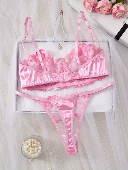 Flourish Sexy Premium Non-Padded Wired Floral Embroidered Bra & Thong Set – Luxury Pink Mesh Lingerie 50121