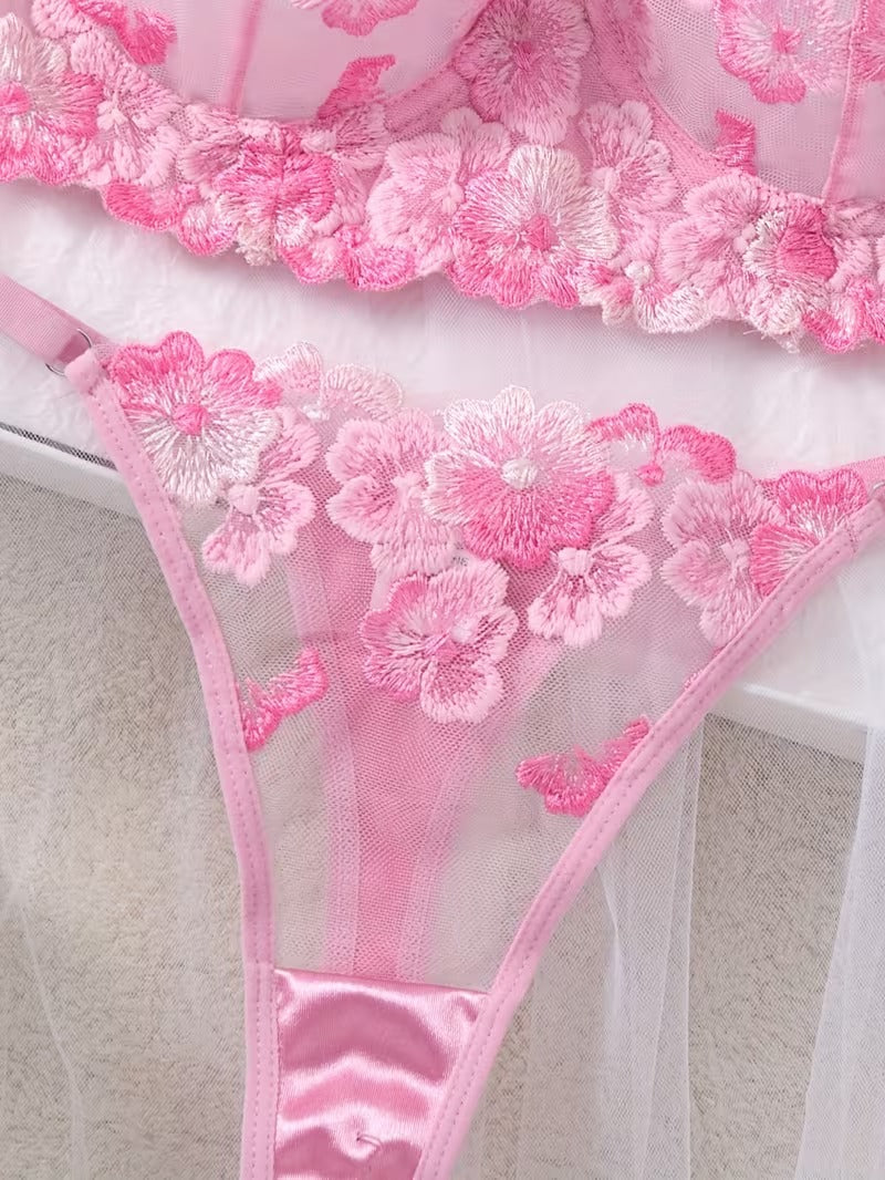 Flourish Sexy Premium Non-Padded Wired Floral Embroidered Bra & Thong Set – Luxury Pink Mesh Lingerie 50121