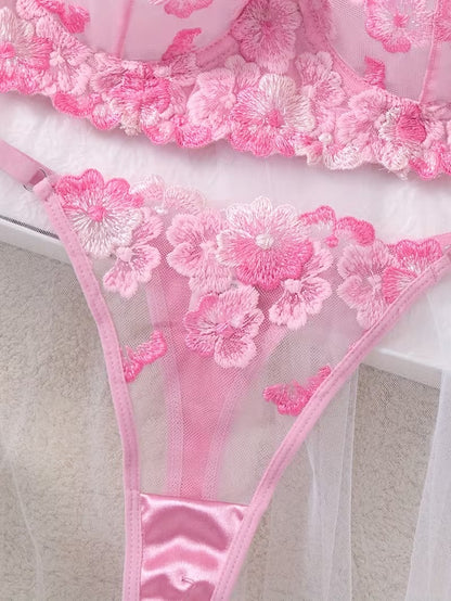 Flourish Sexy Premium Non-Padded Wired Floral Embroidered Bra & Thong Set – Luxury Pink Mesh Lingerie 50121