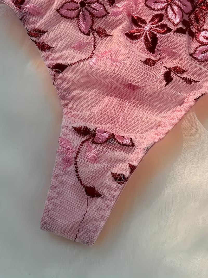 Flourish New Style Sexy Elegant Red Flower Lace Lingerie Set  Non Padded Wired bra  – Soft Mesh Floral Embroidered Bra & Panty MSL402