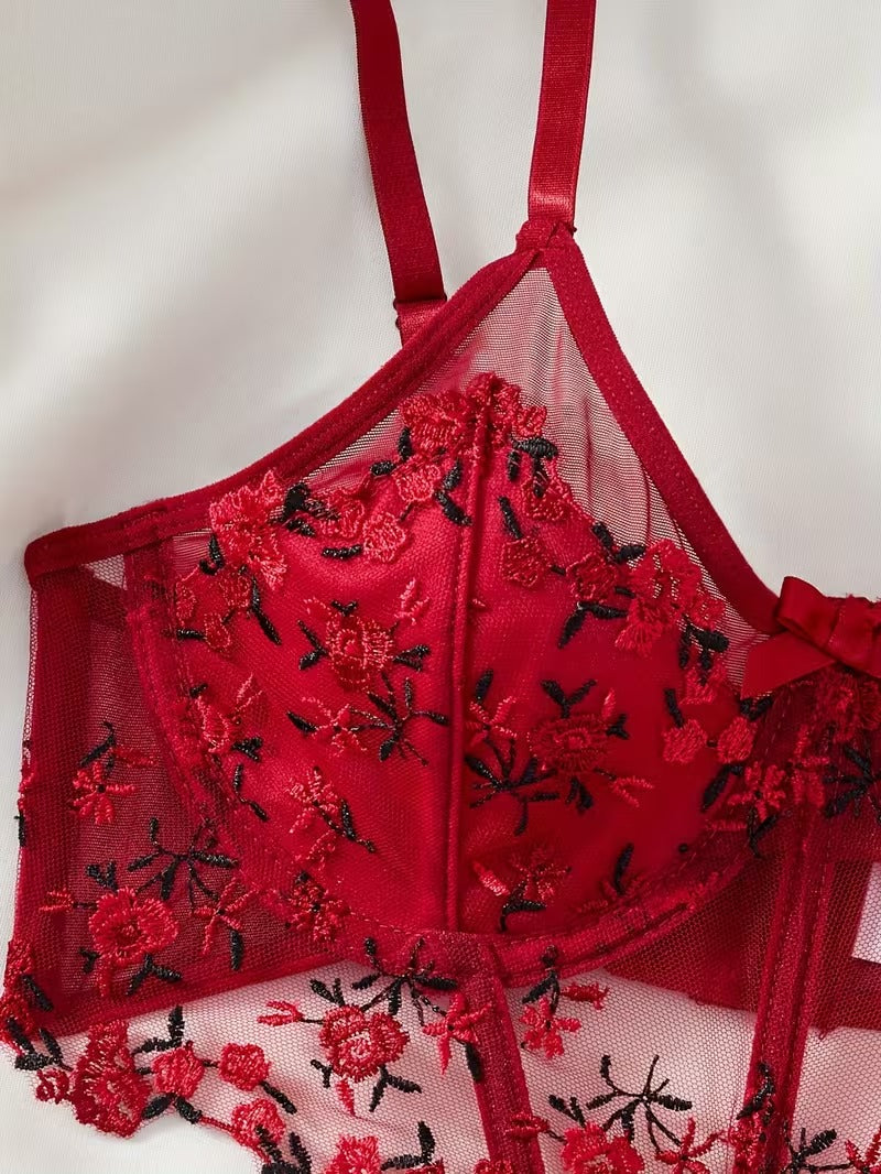 Flourish Beautiful Floral Embroidery Deep Red Lingerie Set, Vertical Bust Bra And Mesh G-String, Sexy Back Bra And Panty Set B023