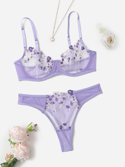 Flourish Sexy Elegant Flower Lace Lingerie Set – Soft Mesh Floral Embroidered Bra & Panty