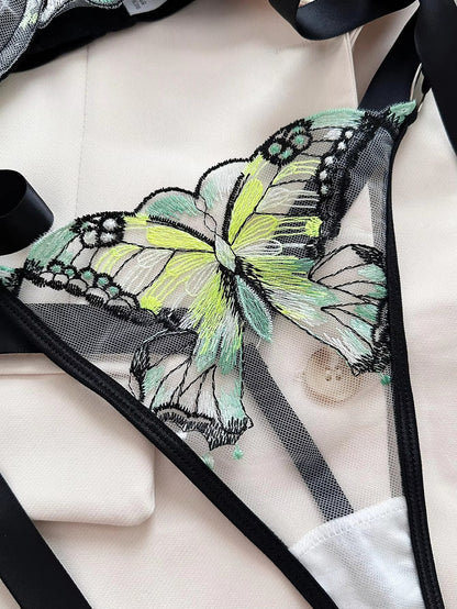 Flourish New Lace-Trimmed, Embroidered Butterfly Pattern, Single-Layer Ultra-Thin Bra And Underwear Set