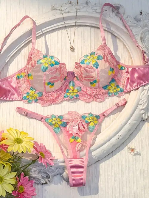 Flourish Sexy Pink Floral Embroidered Lingerie Set – Sheer Mesh Non-Padded Wired Bra & Panty