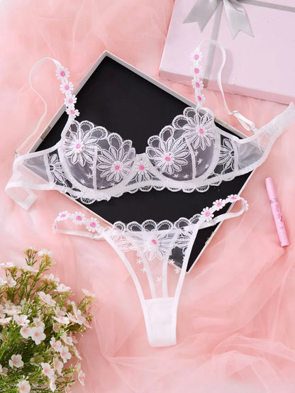 Flourish Sexy Elegant White Lace Lingerie Set – Soft Mesh Floral Embroidered Bra & Panty