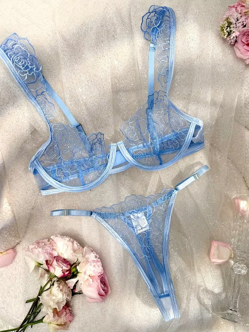 Flourish New Style Sexy Elegant Flower Lace Lingerie Set  Non Padded Wired bra  – Soft Mesh Floral Embroidered Bra & Panty L2201