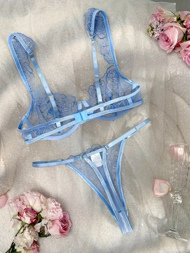 Flourish New Style Sexy Elegant Flower Lace Lingerie Set  Non Padded Wired bra  – Soft Mesh Floral Embroidered Bra & Panty L2201