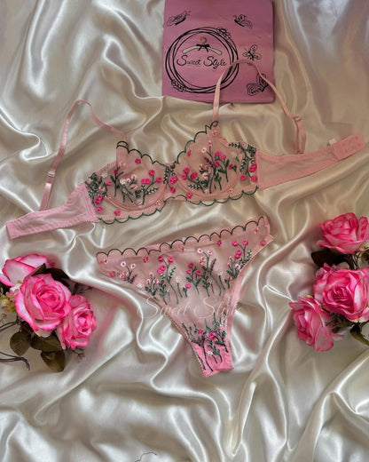 Flourish Non-Padded wired Bra Panty Set – Blossom Charm Pink Embroidered Sheer Lingerie B172