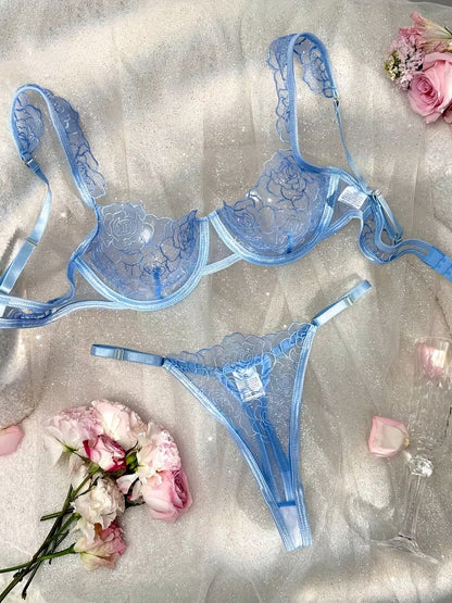 Flourish New Style Sexy Elegant Flower Lace Lingerie Set  Non Padded Wired bra  – Soft Mesh Floral Embroidered Bra & Panty L2201