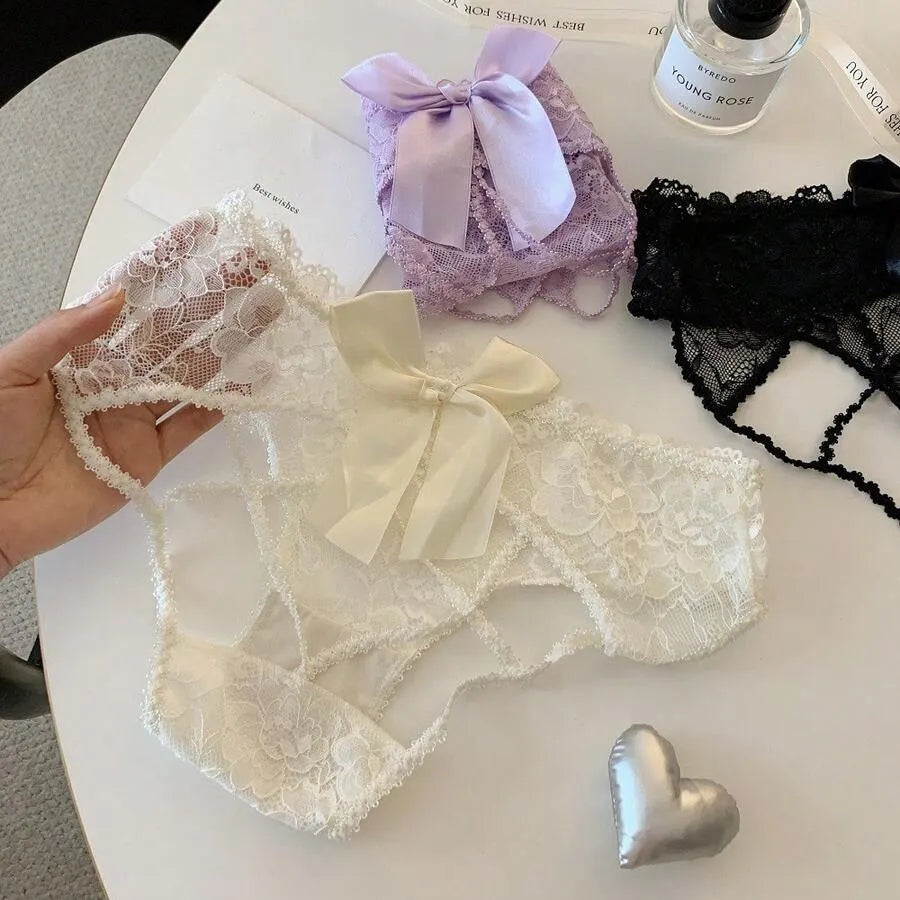 Pack Of 3 Women's Elegant Lace Panty with Beautiful Satin Bow Design, Stylish Floral Lace Detailing, Soft & Comfortable Ladies Underwear – 357
