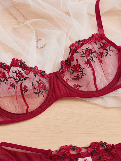 Flourish Sexy Elegant Flower Lace Lingerie Set – Soft Mesh Floral Embroidered Bra & Panty