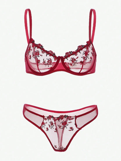 Flourish Sexy Elegant Flower Lace Lingerie Set – Soft Mesh Floral Embroidered Bra & Panty