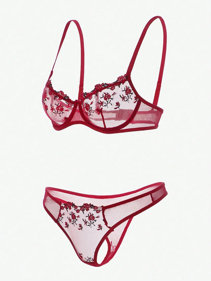 Flourish Sexy Elegant Flower Lace Lingerie Set – Soft Mesh Floral Embroidered Bra & Panty