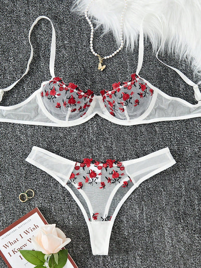 Flourish Sexy Elegant White Flower Lace Lingerie Set – Soft Mesh Floral Embroidered Bra & Panty