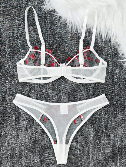 Flourish Sexy Elegant White Flower Lace Lingerie Set – Soft Mesh Floral Embroidered Bra & Panty