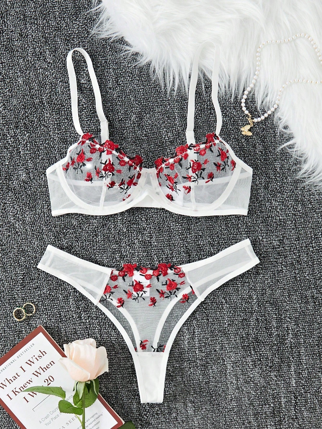 Flourish Sexy Elegant White Flower Lace Lingerie Set – Soft Mesh Floral Embroidered Bra & Panty
