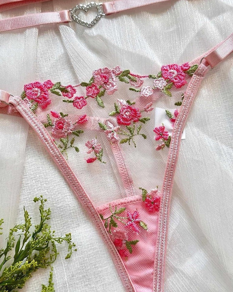 Flourish Non-Padded Non wired Panty Set – Blossom Charm Pink Embroidered Sheer Lingerie 6033