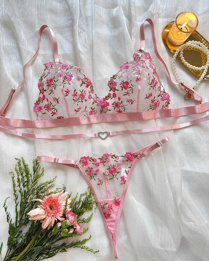 Flourish Non-Padded Non wired Panty Set – Blossom Charm Pink Embroidered Sheer Lingerie 6033