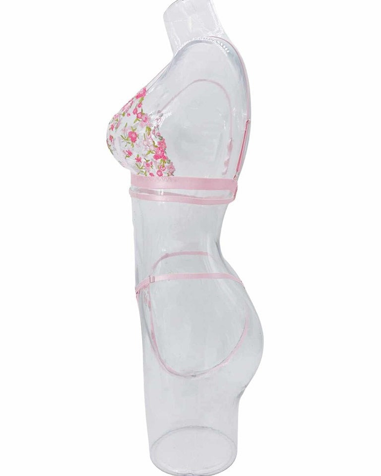 Flourish Non-Padded Non wired Panty Set – Blossom Charm Pink Embroidered Sheer Lingerie 6033