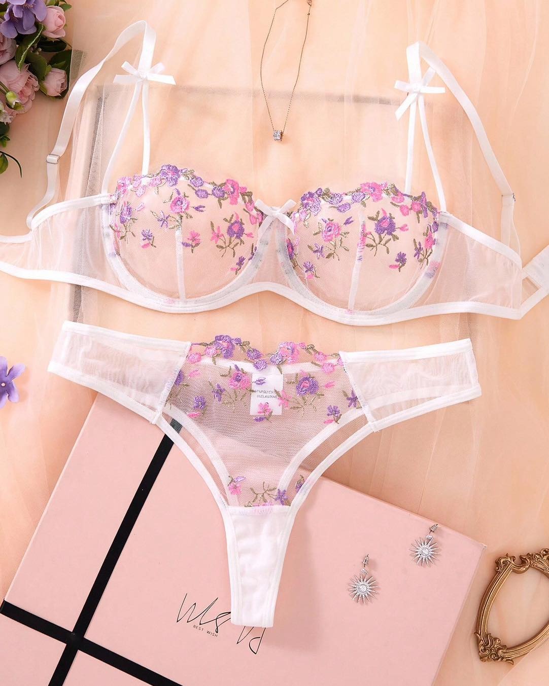 Flourish New design Sexy Elegant Flower Lace Lingerie Set  Non Padded Wired bra – Soft Mesh Floral Embroidered Bra & Panty MSL059